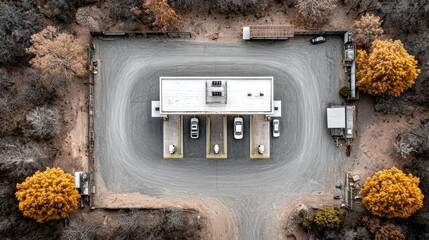 Drone view of rural gas station with cars and pump nozzles clearly visible