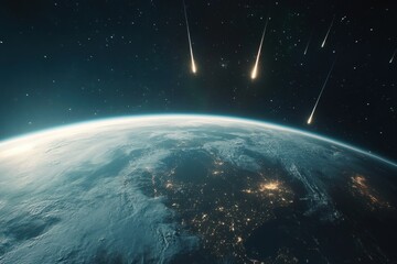 Obraz premium Earth from outer space with meteors illuminating the night sky in a breathtaking cosmic view, Planet earth as viewed from outer space with a meteor shower flying past the planet