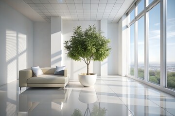 3D-Rendered Bright Living Room with Fiddle-Leaf Fig Plant – Modern White Geometric Tiles & Golden Sunlight