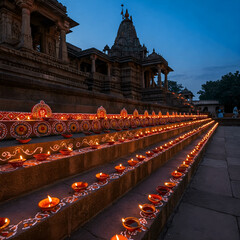 Ancient Indian Temple Steps Illuminated with Diyas for Diwali Festival at Dusk.