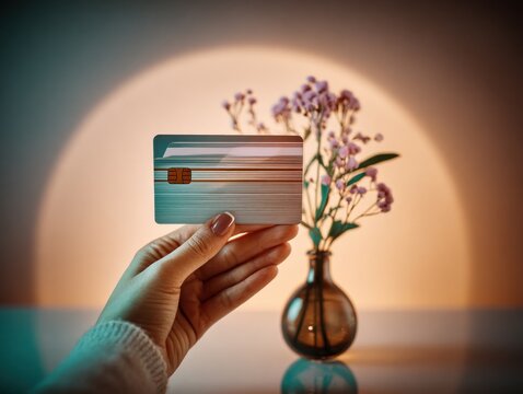 Hand holding credit card, flowers