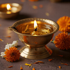 Lit Brass Diya (Oil Lamp) with Marigold Flowers and Petals for Indian Religious Rituals.