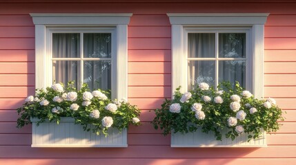 Pink house with white window boxes filled with flowers