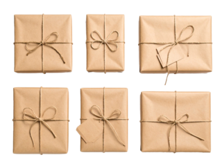 Brown paper packages tied with twine. Great for holiday or giftthemed designs, marketing materials, and packaging concepts.