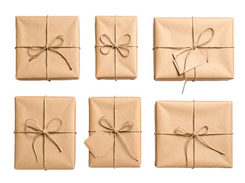Brown paper packages tied with twine. Great for holiday or giftthemed designs, marketing materials, and packaging concepts.