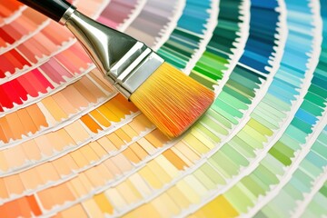 Designer explores color selection using a brush on a palette of vibrant swatches in a bright workspace, designer selecting the desired color on the color palette