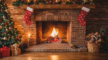 Warm Fireplace with Hanging Stockings and Brick Surround for a Festive Holiday Vibe.