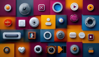 Abstract digital icons on a colorful grid