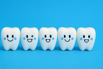 Cute smiling teeth with cartoon faces on blue background, dental hygiene concept for kids, happy healthy molars design, pediatric oral care education, fun dentistry visual, tooth character illustratio