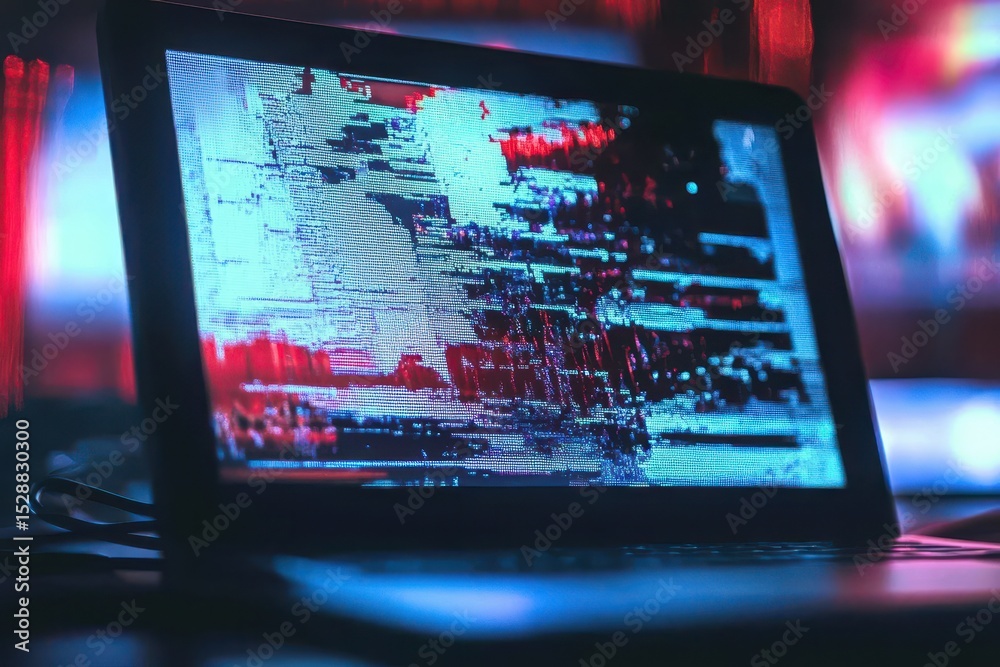 Fototapete Glitch effect on electronic device displays error damage and distortion in vibrant colors, error damage glitch noise screen effect