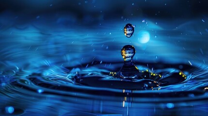 Dark blue water,  a  splashing  drop,  sparkling