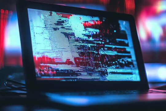 Glitch effect on electronic device displays error damage and distortion in vibrant colors, error damage glitch noise screen effect