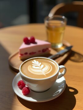 Latte Art and Raspberry Cake on Wooden Table in Sunlight