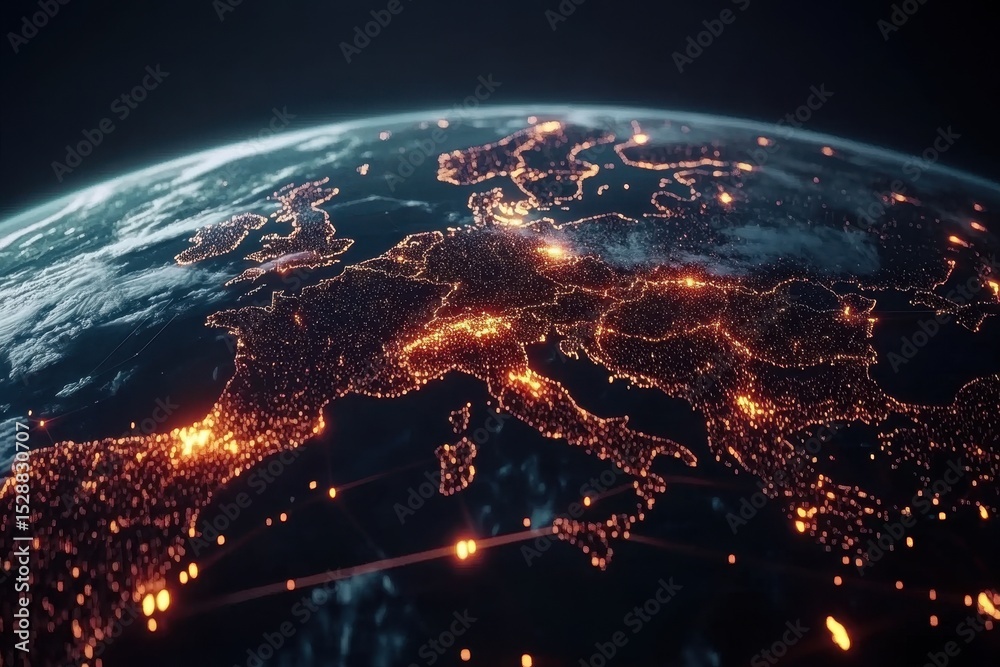 Poster digital data processing and global connections illuminated from space, network of connections and di