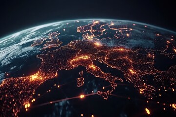 Digital data processing and global connections illuminated from space, network of connections and digital data processing over globe