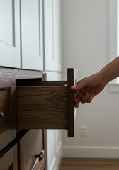 Woman's hand pulls open a wooden kitchen cabinet drawer showing storage space potential, representing home organization and everyday domestic routine life.