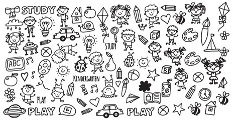 Cartoon Kids Doodle Style Icons, Cute Character Set, Fun and Playful, Child Drawing Vector,
