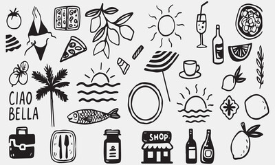 Nature and Summer Elements Icons, Beach, Leaves, Ocean, Holiday, Sunshine, Relaxation, Minimal Line Style, 