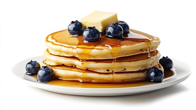 Three golden-brown pancakes drizzled with syrup, topped with blueberries and a pat of butter, served on a white plate against a stark white background - Powered by Adobe