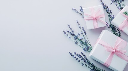 Gift Boxes with Lavender on White Background
