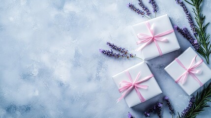 Gift Boxes with Lavender on Blue Background