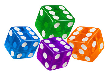 Colorful transparent dice set isolated on white background, 3D rendered game cubes with bright numbers, vibrant plastic gaming accessories, casino concept, luck strategy design, playful visual element
