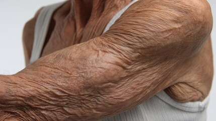 An elderly person's arm showing wrinkles and skin textures on the upper body. Aging. Very old person