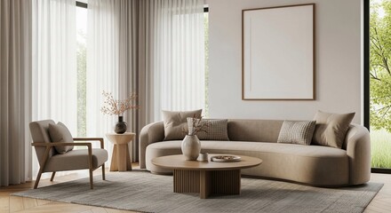 Sophisticated modern home interior with beige and cream furniture, promoting a sense of calm and comfort.

