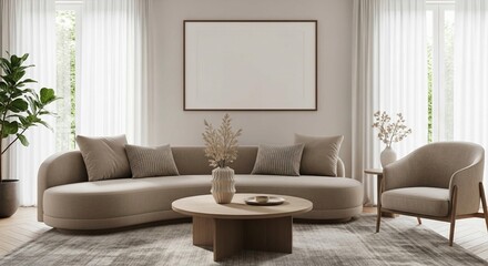 Stylish minimalist living room design, highlighted by neutral colors, curved sofa, and natural light.
