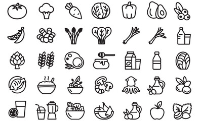  Food and Grocery Icons Vector, Vegetables, Fruit, Organic, Farming, Healthy Eating, Market Items, 