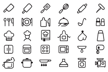 Kitchen and Cooking Icons Vector, Outline Design, Culinary Tools, Chef, Kitchenware, Restaurant, Cooking Equipment,