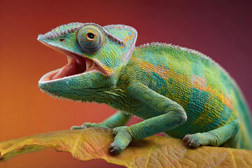 Obraz premium Vibrant Green Chameleon with Open Mouth on Leaf