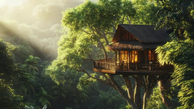 Explore a serene treehouse nestled in the lush jungle during a golden sunrise