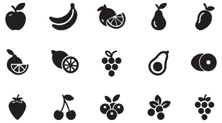 Fruits and Organic Food Icons, Fresh Produce, Nature, Healthy Eating, Black Outline Vector, 