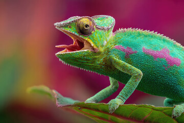 Fototapeta premium Vibrant Panther Chameleon with Open Mouth and Textured Skin on Leaf