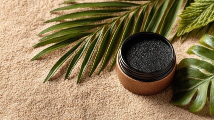Round black tin container on beige sand with tropical leaves