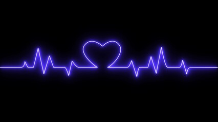 Neon digital heartbeat plus icon. Heartbeat pulse electrocardiogram rhythm on black background.