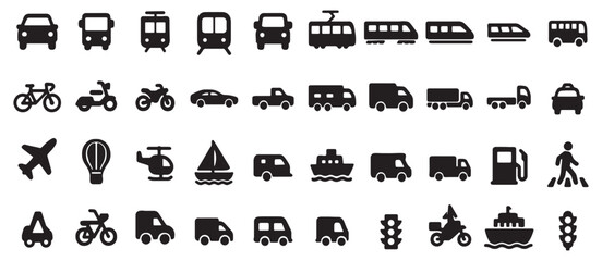  Transport And Vehicle Silhouette Pack, Black Car Bus Train Airplane Ship Scooter Icons, Travel Vector Symbols, Urban Transport Collection