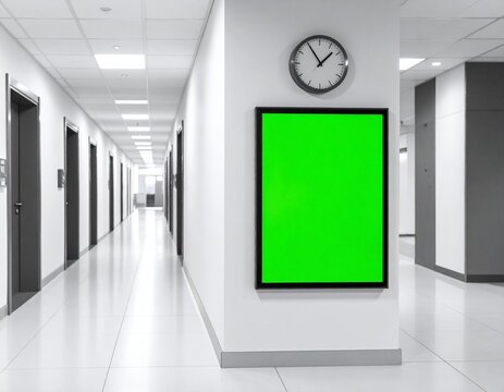 a beautiful indoor view with a clock and green screen