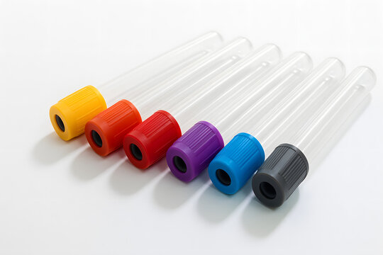 Blood collection test tubes with colorful caps isolated on white background, laboratory medical equipment, clinical sample analysis vials, diagnostic healthcare tools, pathology testing containers