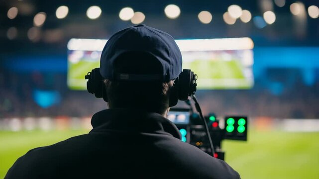 Excitement of Live Sports Event Camera Operator Captures Vibrant Atmosphere in Stadium with Bright Lights Illuminating Field and Engaged Audience, Showcasing Cutting Edge Broadcasting Technology.
