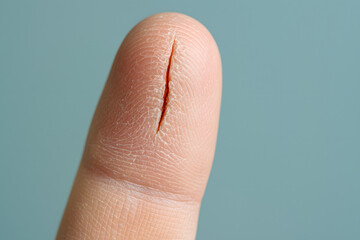Cracked dry skin on fingertip close up view, damaged peeling finger condition, winter dehydration skin issue, dermatology problem, painful skin split, medical treatment care, extreme dryness texture