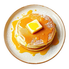 Stack of golden pancakes topped with butter and syrup.
