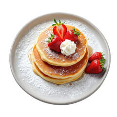 Stack of pancakes topped with fresh strawberries and whipped cream.