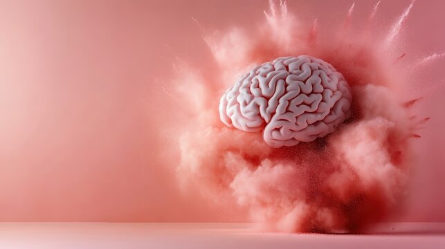 A striking visual of a brain exploding with pink powder, symbolizing creativity and intellectual explosion, perfect for topics on mental health and innovative thinking.