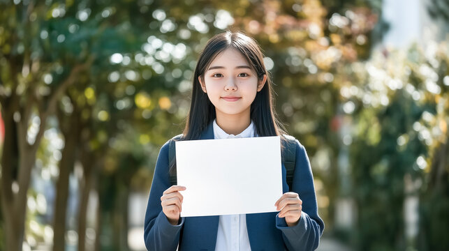 Asian woman presenting a blank piece of paper.