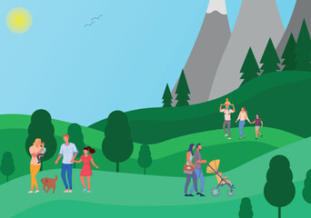 Families walking in nature. Nature park, walking season, entertainment. Happy children and parents walking together with a dog. Couple walking with a stroller. Vector illustration
