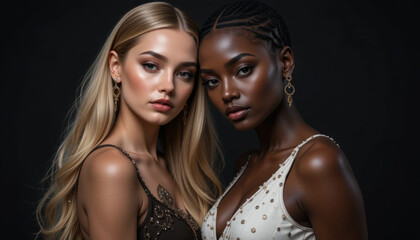 Obraz premium Two models, one blonde and one Black, pose closely together, showcasing their radiant skin and elegant gold earrings against a dark backdrop. Their embellished attire adds to their sophisticated look