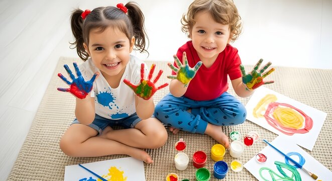 Happy Children Showing Painted Hands | Playful Art Activity for Kids in Preschool, Kindergarten, or Home Creative Projects