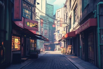 Fototapeta premium Quiet city street with shops and colorful awnings on a sunny day, City street